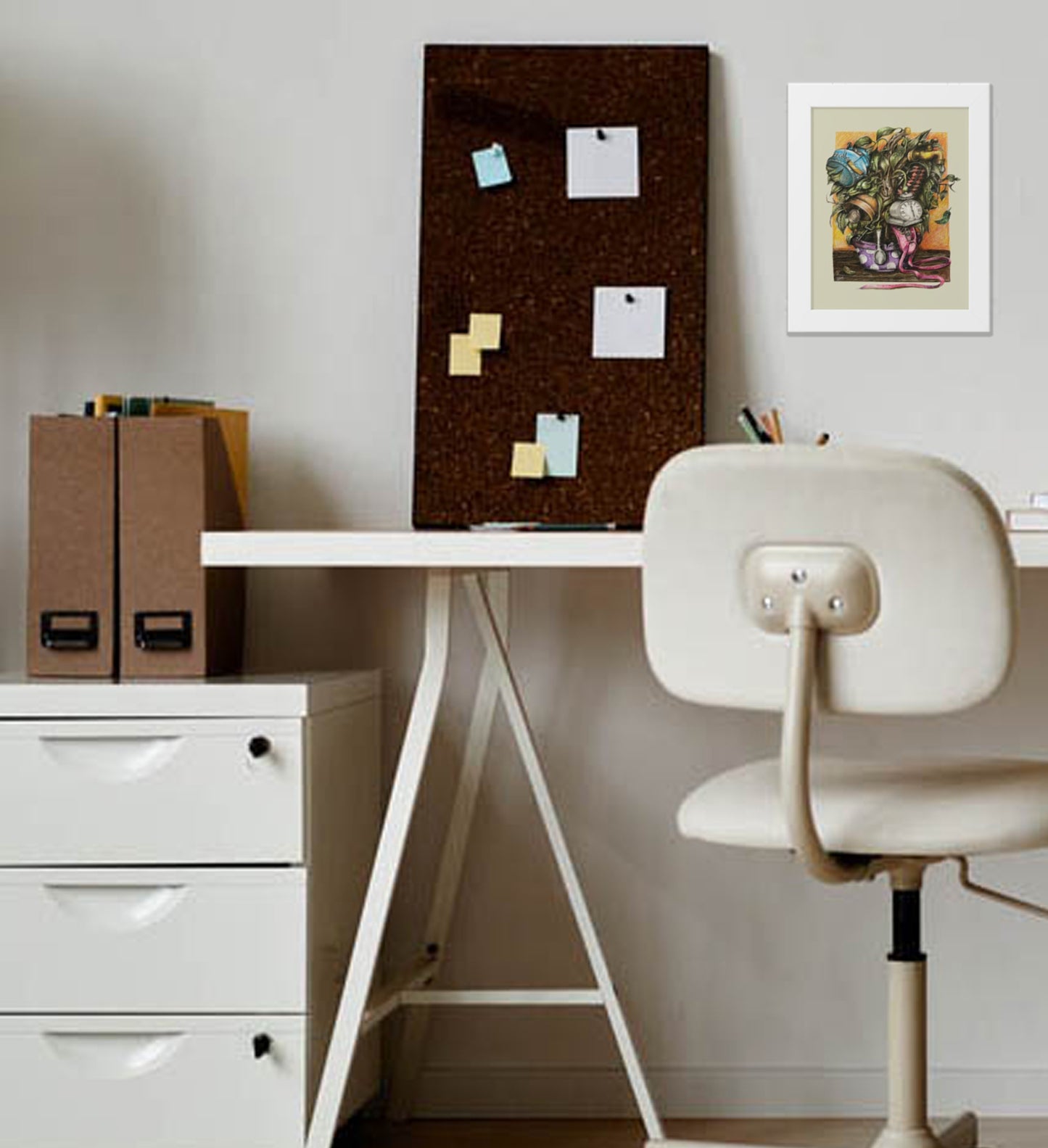 Transform your space with this magical crayon drawing poster featuring a whimsical pot that grows delightful objects like a faucet, purse, ballet shoe, and key. Its retro and vintage atmosphere brings character to bright and monotonous rooms, making it a perfect addition to any office or creative area. This enchanting artwork captures imagination and style, providing a unique focal point that will inspire and charm anyone who enters. Elevate your decor with this captivating piece today!