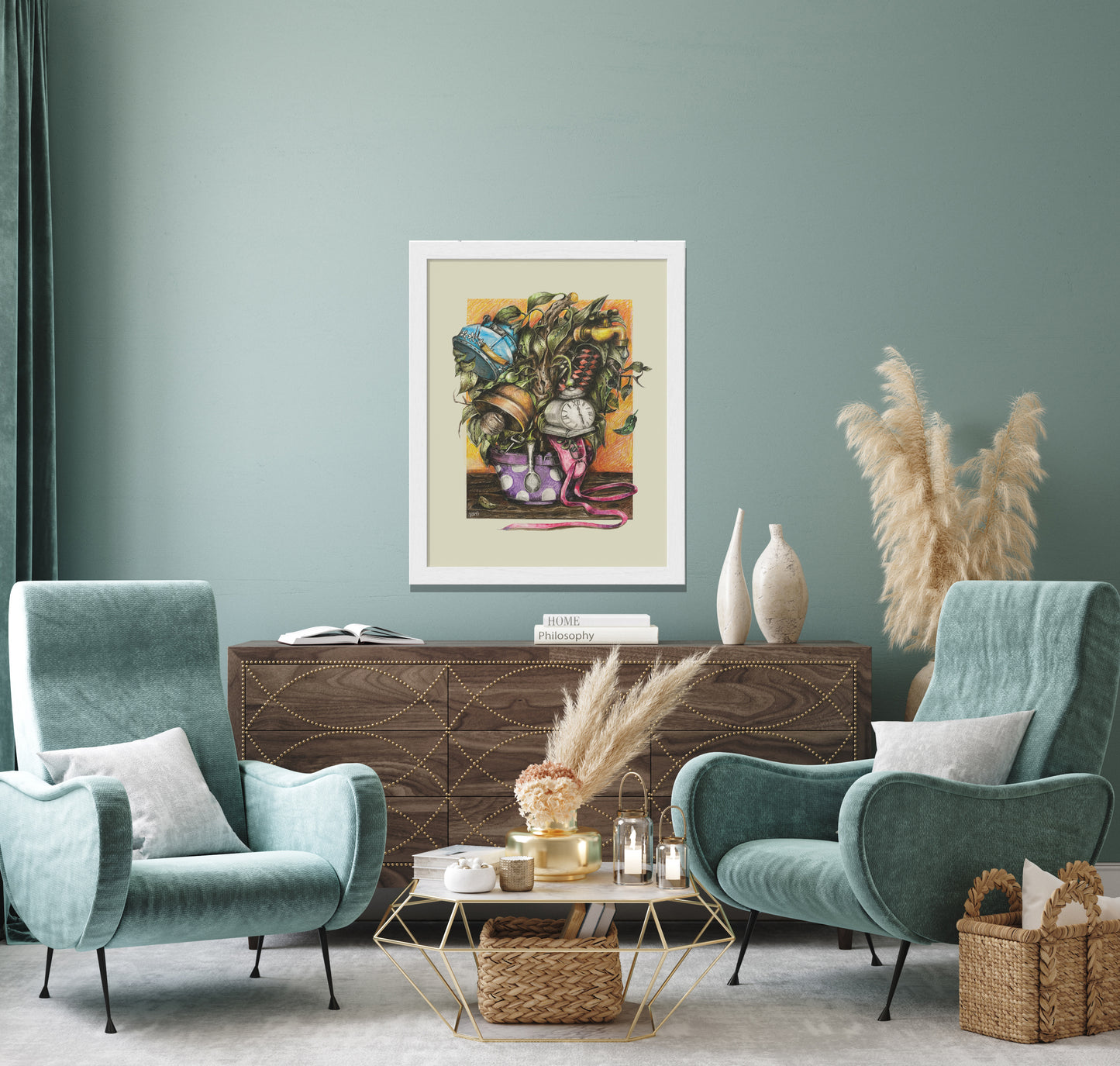 Add a touch of whimsical charm to your home with this magical crayon drawing poster featuring a enchanting pot that grows delightful objects like a faucet, purse, ballet shoe, and key. This artwork radiates a retro and vintage atmosphere, making it a perfect fit for your living room, especially in a soothing turquoise shade. Ideal for those seeking to create a sophisticated and unique ambiance, this poster is sure to spark conversation and bring joy to your space.