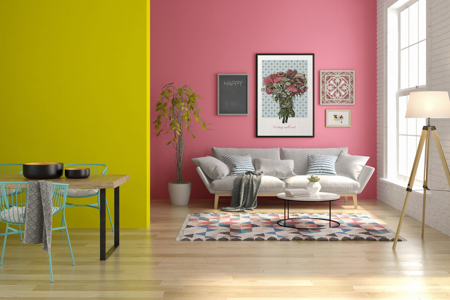 Elevate your living space with this stunning vertical poster featuring a realistically painted bouquet of pink flowers. Set against a backdrop of light blue wallpaper adorned with delicate floral patterns, this artwork adds a touch of elegance and delicacy to your living room. The bold colors of the pink blooms beautifully contrast with the soft background, making it a perfect statement piece. Ideal for any decor style, this poster will brighten your home and inspire a sense of tranquility. Order yours now