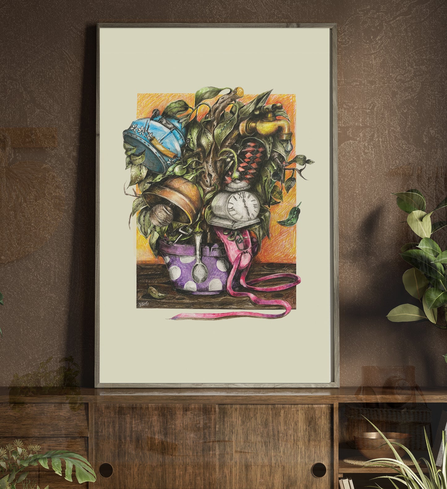 Discover a magical crayon drawing poster that features a whimsical pot sprouting enchanting objects like a faucet, purse, ballet shoe, and key. This unique artwork exudes a retro and vintage atmosphere, making it an ideal gift for those who cherish extraordinary decor. Perfect for fans of science fiction literature, this poster adds a touch of mystery and charm to any space, effortlessly transforming a dark and monotonous room into a captivating sanctuary. Elevate your home decor with this delightful piece