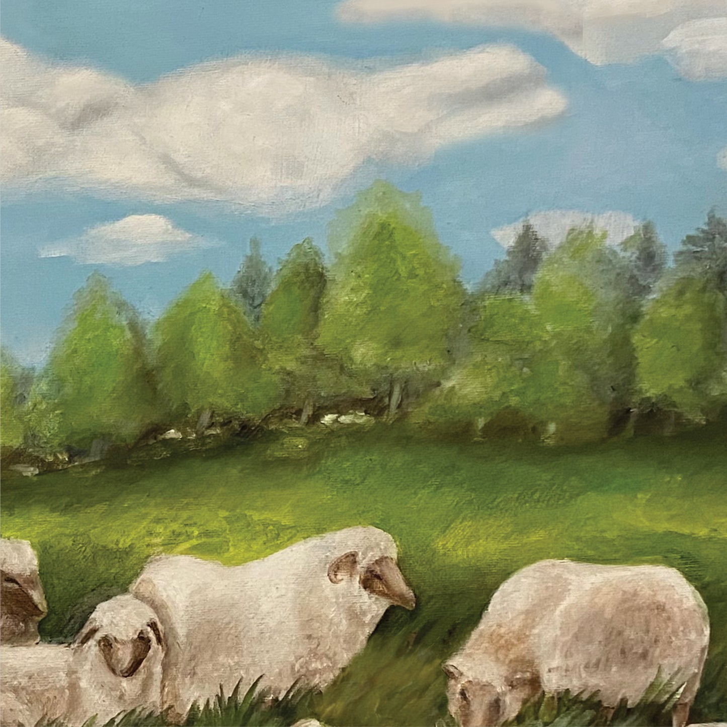 Part of an oil painting of sheep in the field, you can see the brush strokes that create the texture in the painting.