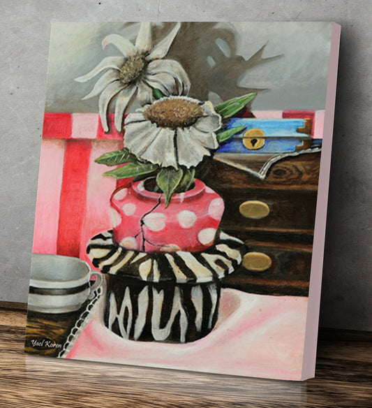 A vase in a zebra hat