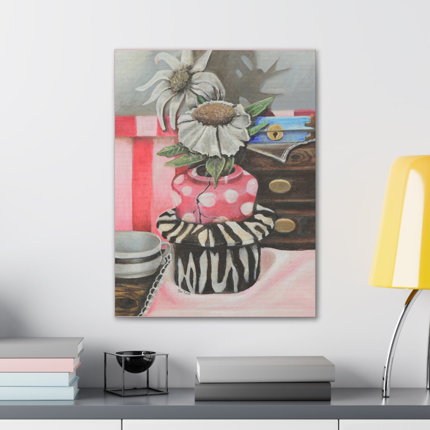 Canvas Gallery Wraps - Realistic Oil Painting of Flowers in Pink Vase and Zebra Print Hat