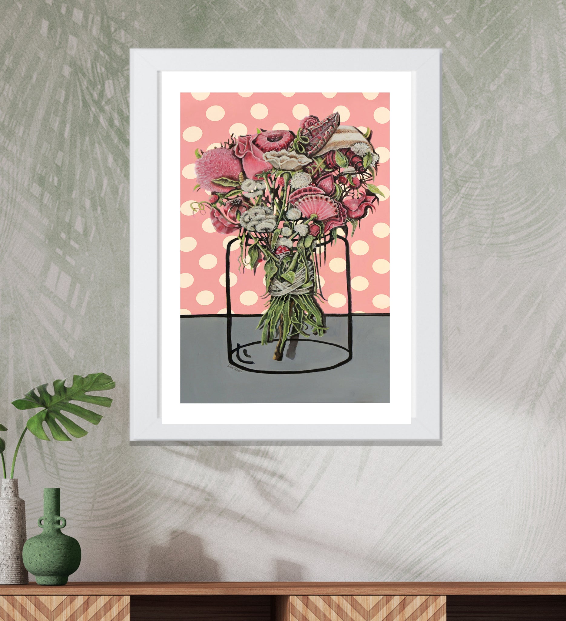 The drawing of the bouquet of flowers on a pink polka dot background. Also suitable as a painting above a console in your living room. These flowers will always stay fresh