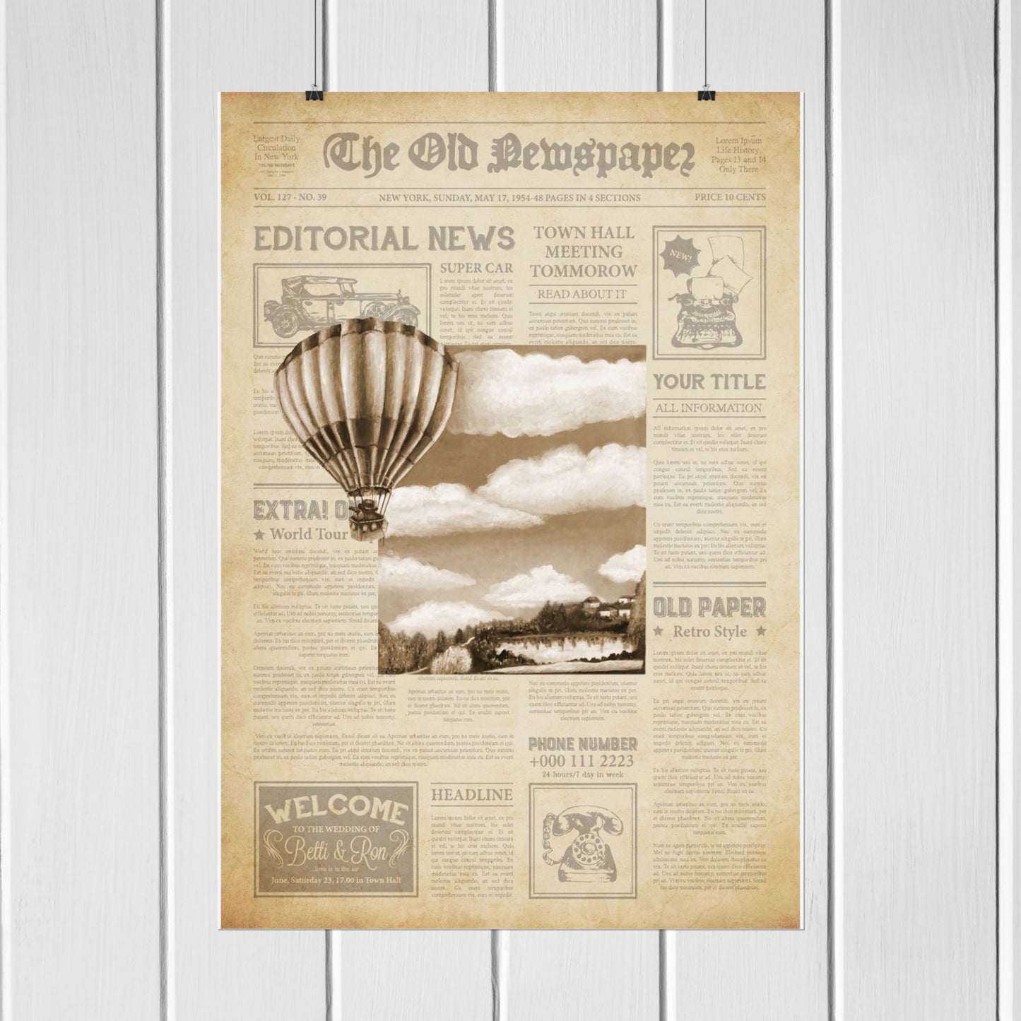 Elevate your space with this stunning old newsprint poster featuring a captivating oil painting at its center. The striking black and white landscape is beautifully complemented by the whimsical hot air balloon emerging from the scene. This retro-style piece adds a touch of luxury and personal flair to any room, making it an ideal decor choice whether displayed in a frame or left unframed. Transform your home with this unique artwork that captures both nostalgia and elegance!