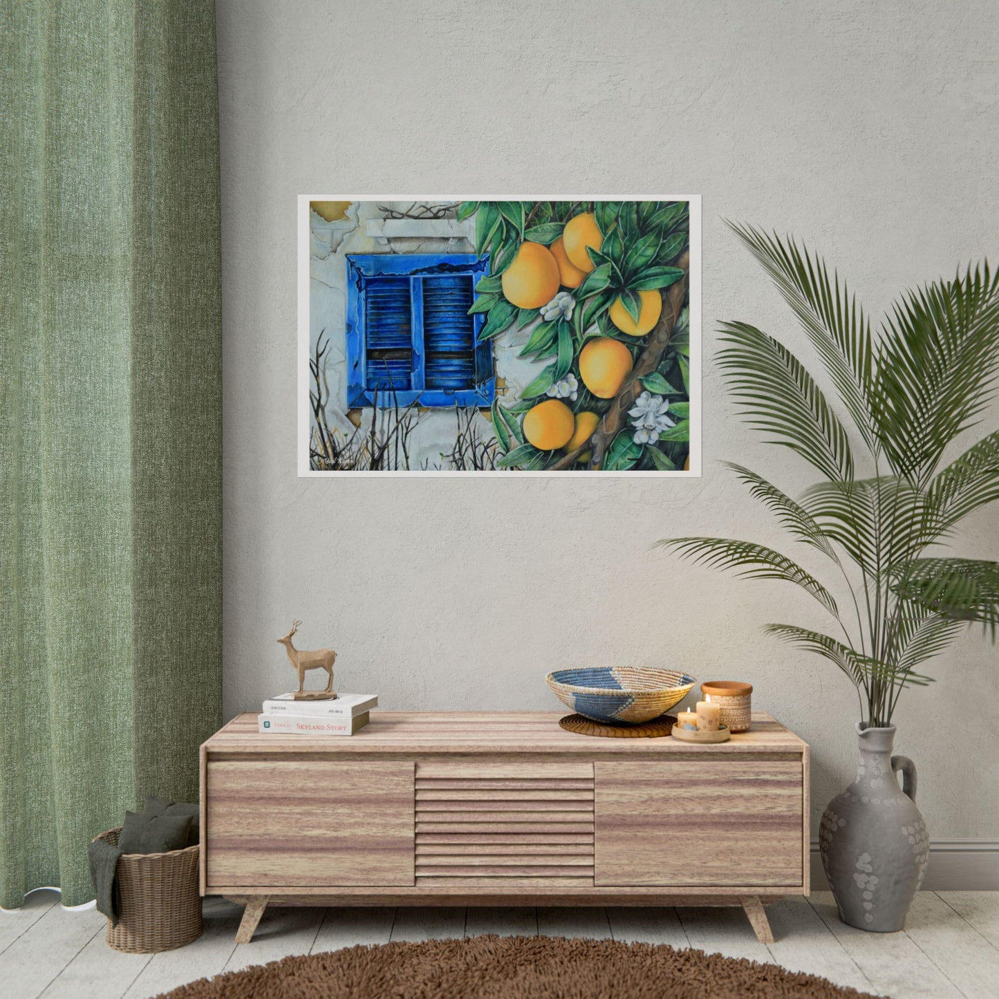 A poster of a beautiful realistic oil painting of a window with peeled blue shutters, next to a blossoming orange branch. The painting brings nature into the home. Also suitable for an apartment with natural colored furniture, suitable for a student living room