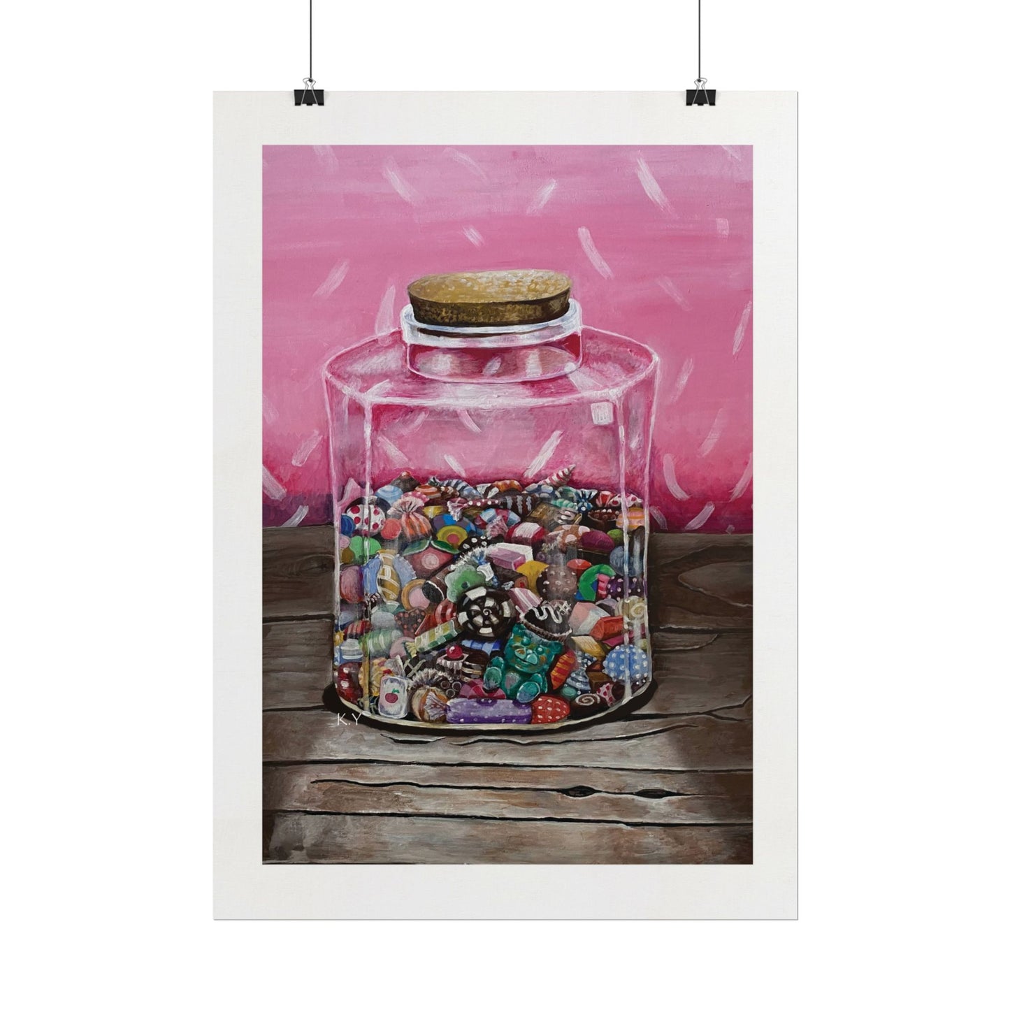 Discover the delightful charm of this oil painting in soft pink tones, featuring a whimsical jar overflowing with chocolates and candies. Among the treats, a playful jelly candy shaped like a bear steals the spotlight, adding a touch of nostalgia to your decor. This enchanting artwork is perfect for framing, yet it brings vibrant life to any room even without a frame. Elevate your space with sweetness and style—ideal for candy lovers or those looking for a unique touch to their home aesthetic!