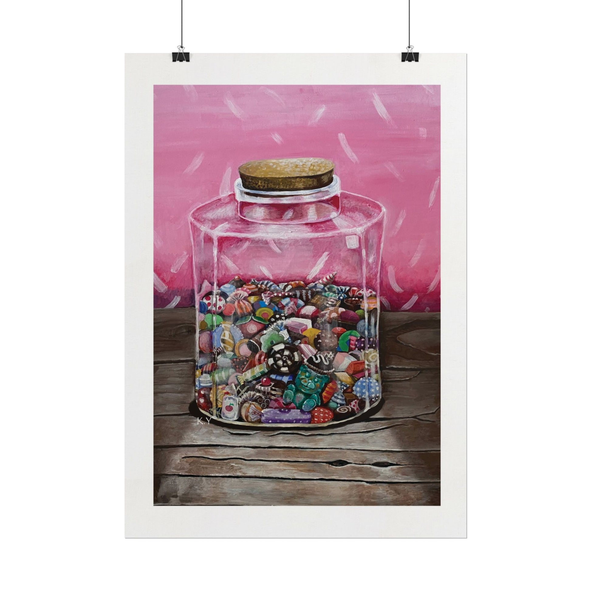 Discover the delightful charm of this oil painting in soft pink tones, featuring a whimsical jar overflowing with chocolates and candies. Among the treats, a playful jelly candy shaped like a bear steals the spotlight, adding a touch of nostalgia to your decor. This enchanting artwork is perfect for framing, yet it brings vibrant life to any room even without a frame. Elevate your space with sweetness and style—ideal for candy lovers or those looking for a unique touch to their home aesthetic!