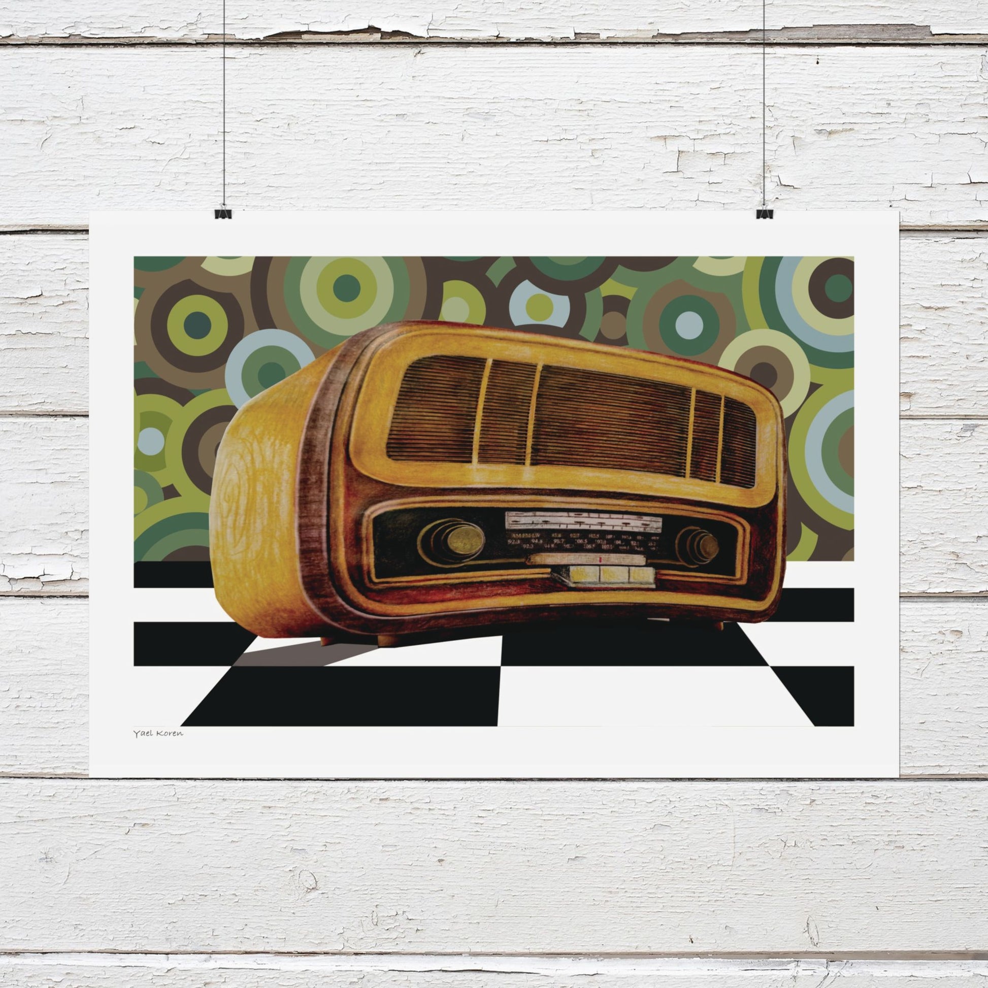 Transform your space with this retro style poster featuring a realistic painting of an old radio. The striking image captures the nostalgic charm of the 1960s, set against a stylish black and white checkered floor and vintage circle wallpaper. Perfect for music lovers and vintage enthusiasts alike, this artwork is not only a conversation starter but also a stylish decor element. 
