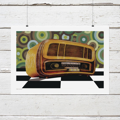 Transform your space with this retro style poster featuring a realistic painting of an old radio. The striking image captures the nostalgic charm of the 1960s, set against a stylish black and white checkered floor and vintage circle wallpaper. Perfect for music lovers and vintage enthusiasts alike, this artwork is not only a conversation starter but also a stylish decor element. 
