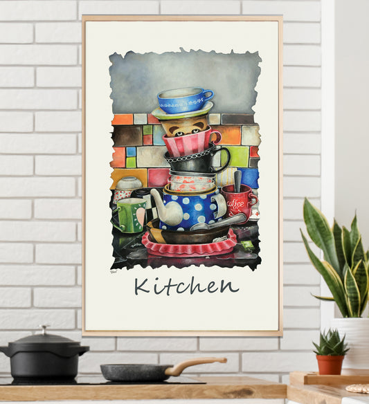 A poster of a colorful pile of dishes sits on the counter waiting to be shared. Among the dishes is a cup of a cute bear who is afraid that the stack will fall. The painting will add interest and joy to any kitchen