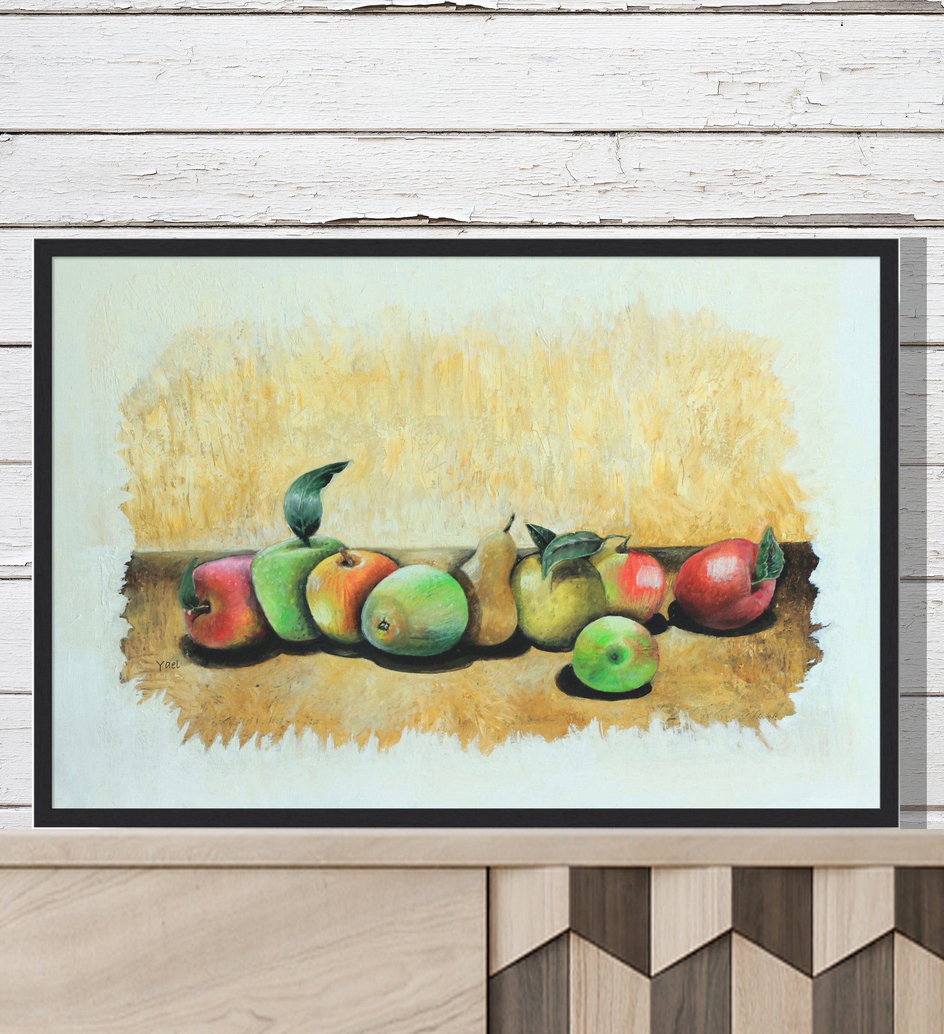 Temporary drawing of a row of apples and pears. Reminds of the past. Suitable for any room and any age. Realistic painting with an abstract background