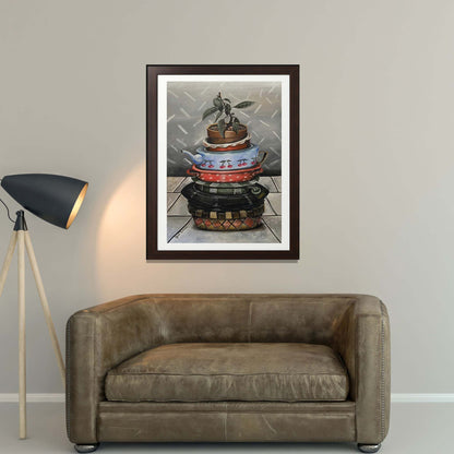 Realistic oil painting of a pile of dishes standing on top of each other in a pile. Above them is a small seedling in a pot. This vintage poster goes great with a brown leather sofa, and adds a warm atmosphere to the room