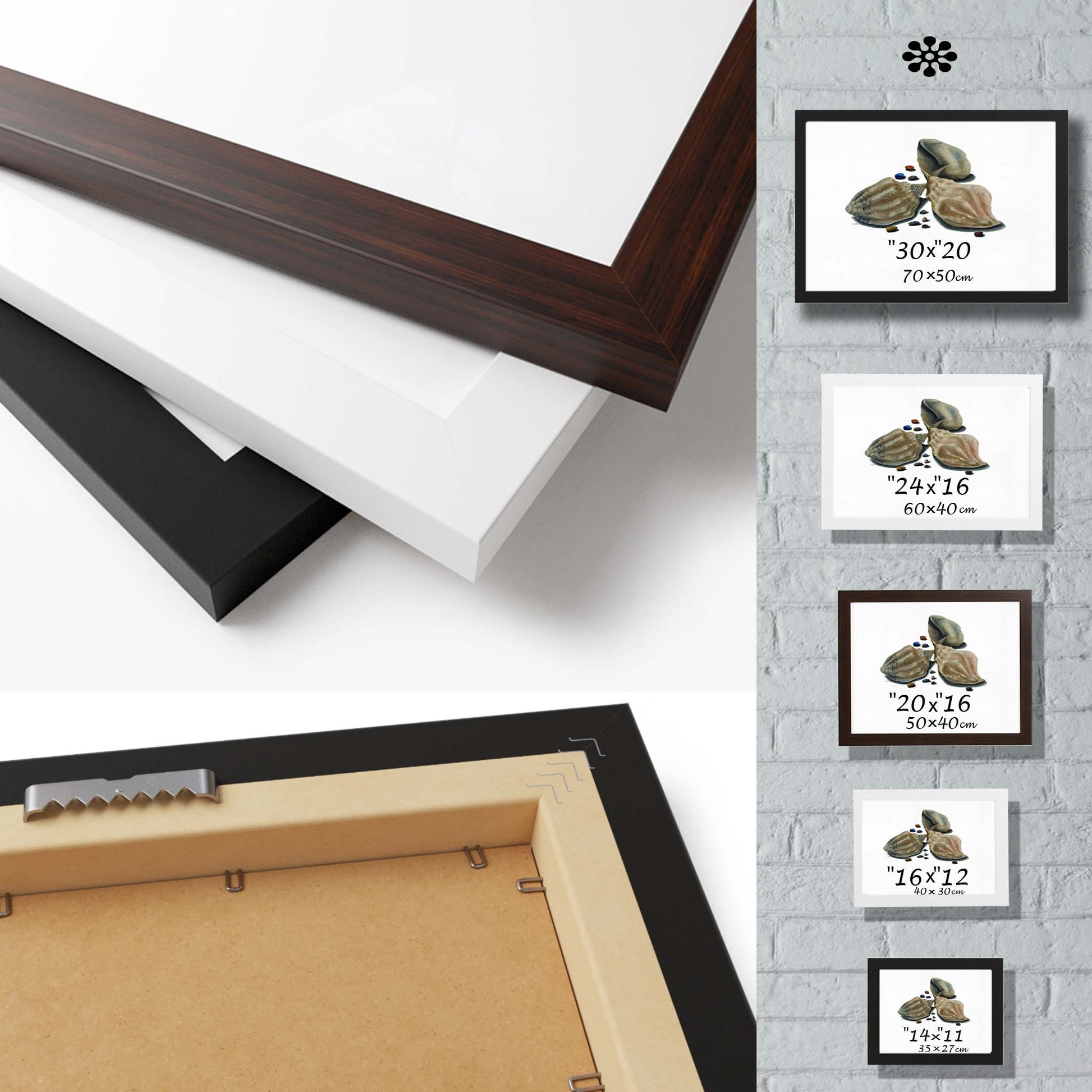 Style and dimensions of frames for illustration. You can choose between three colors: black, white and walnut. The frames are made of mdf and acrylic glass. Hook for immediate hanging