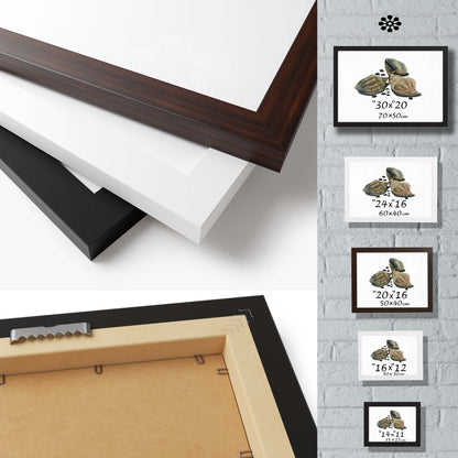 Style and dimensions of frames for illustration. You can choose between three colors: black, white and walnut. The frames are made of mdf and acrylic glass. Hook for immediate hanging