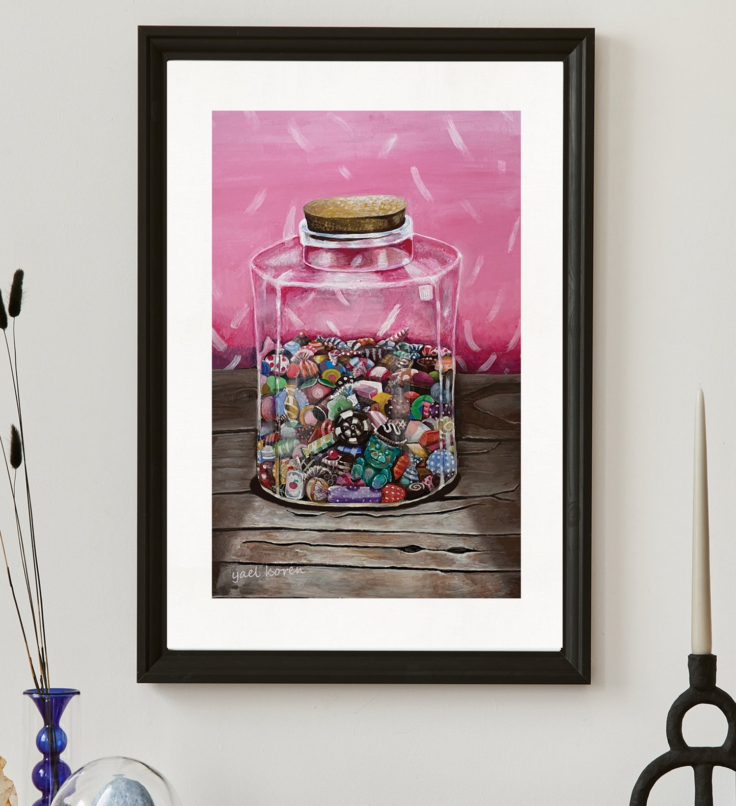  charming oil painting in soft pink tones, featuring a delightful jar full of chocolates and candies. Among the sweet treats, discover an adorable jelly candy shaped like a bear, perfectly nestled between other confections. This vibrant artwork will uplift any living room decorated in black and white tones, adding a splash of color and a touch of optimism to your space. Ideal for candy lovers and art enthusiasts alike, it’s a sweet addition that brings joy and warmth to your home decor. 