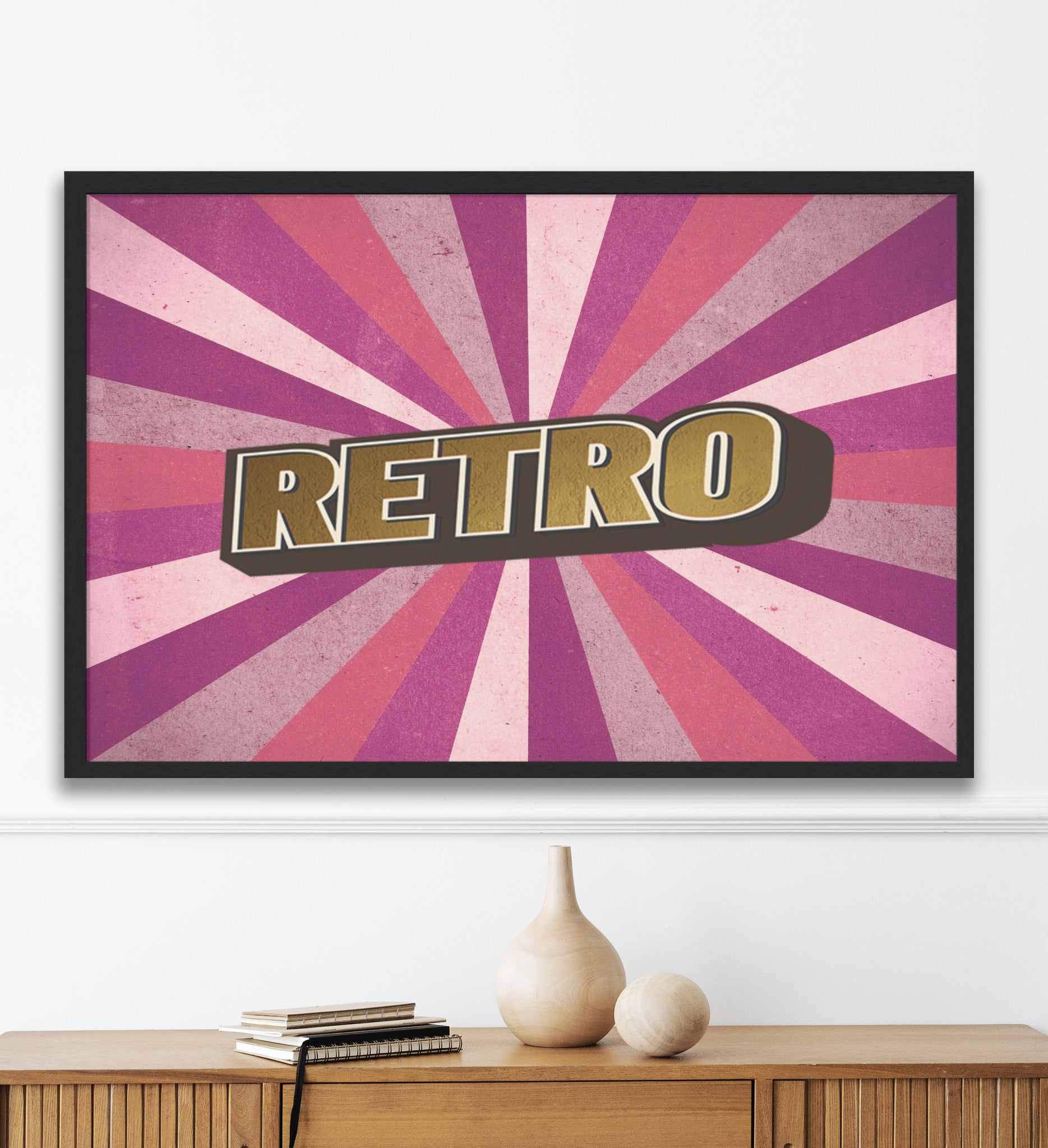 Retro themed poster with the word 'retro' in gold in the center, suitable for a retro style home.