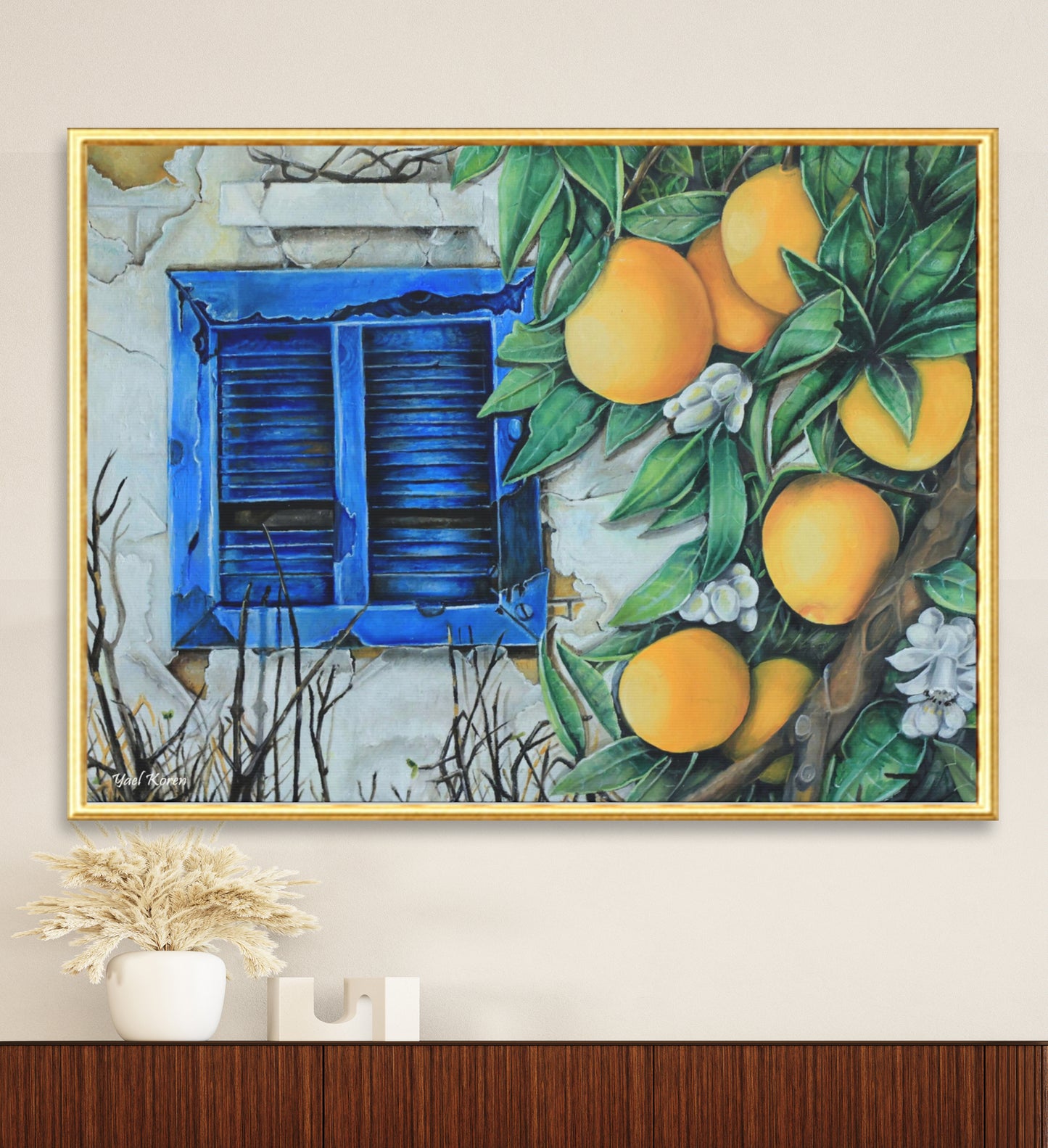 Part of a poster of a beautiful realistic oil painting. of a window with peeling shutters, next to a blossoming orange branch. Looks great in a thin gold frame above a retro 1970s sideboard