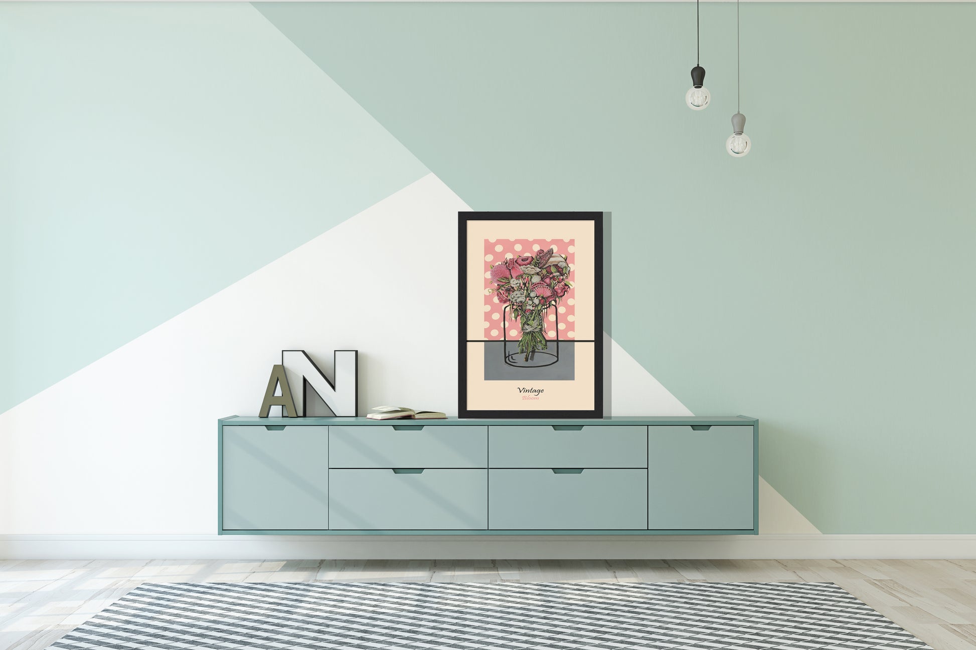 The charming poster of a pink bouquet with a small mushroom tied with a silk ribbon can fit into a living room with a retro design. The dot style will bring a unique texture to the space