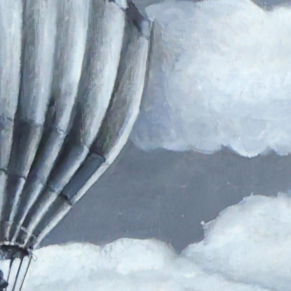 Part of a realistic painting print. In the center there is a landscape rectangle, with mountains and a lake and clouds, from the image a hot air balloon emerges onto the white background surrounding the painting. Vintage photo. A combination of retro and modern design