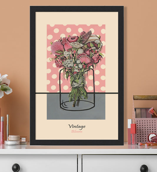 Vertically framed poster featuring a realistic bouquet of pink flowers tied with silk ribbon, laid on pink gift paper with white dots. Perfect for a girl's room. Suitable for a room in pink tones. Creates an optimistic and happy atmosphere. Adds a special atmosphere to the room