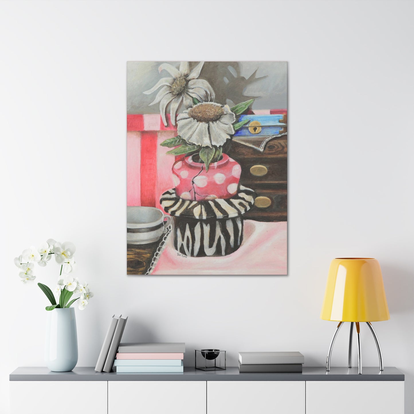 Canvas Gallery Wraps - Realistic Oil Painting of Flowers in Pink Vase and Zebra Print Hat