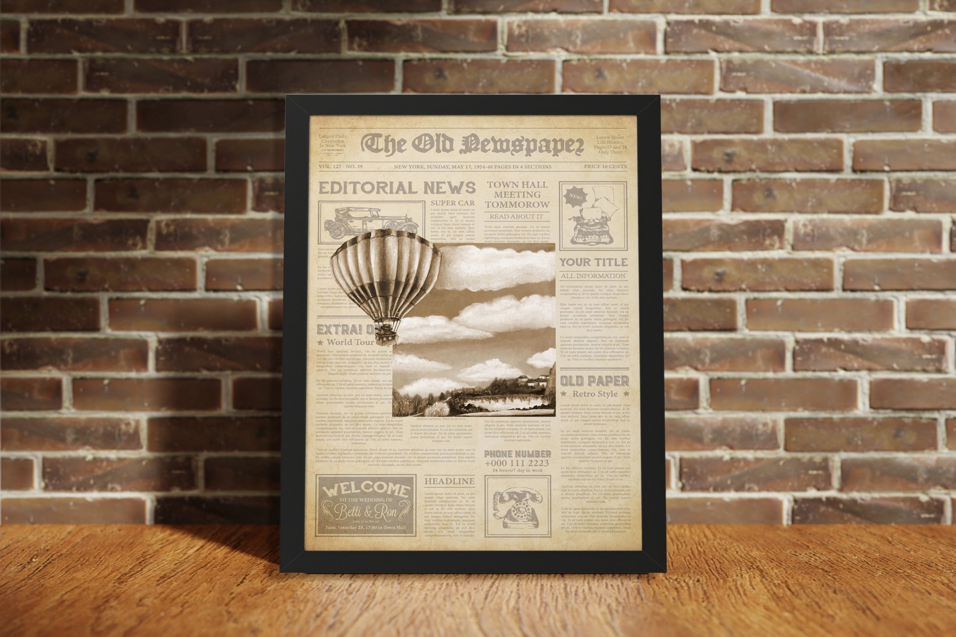 Transform your space with this stunning old newsprint poster featuring an exquisite oil painting at its center. The black and white landscape image showcases a captivating hot air balloon that adds a whimsical touch to any room. Its retro style complements light-colored decor beautifully. Perfectly paired with a black frame, this artwork makes a striking statement on a brown brick wall. Elevate your home with this unique piece that effortlessly enhances your interior design. Ideal for art lovers seeking a b