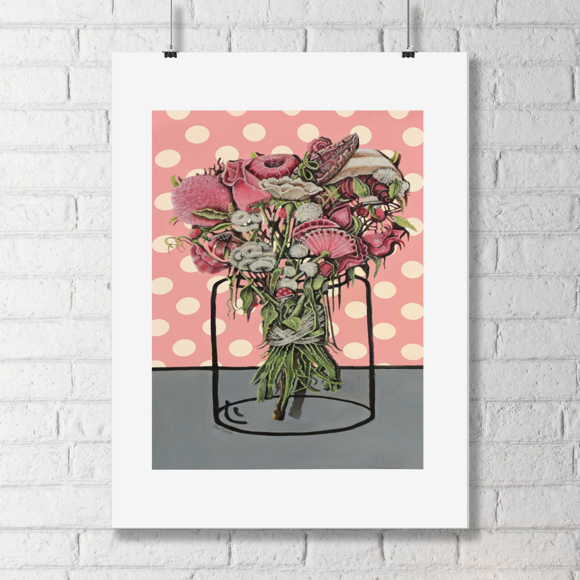 An amazing drawing of a bouquet of flowers tied with a silk ribbon placed on pink gift paper with dots with a jar illustrated on the paper. Beautiful as a frameless or framed poster. Adds joy and optimism to any space