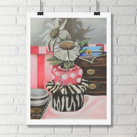 Poster Print - Two White Flowers in Pink Vase with Zebra Print Hat and Vintage Decor