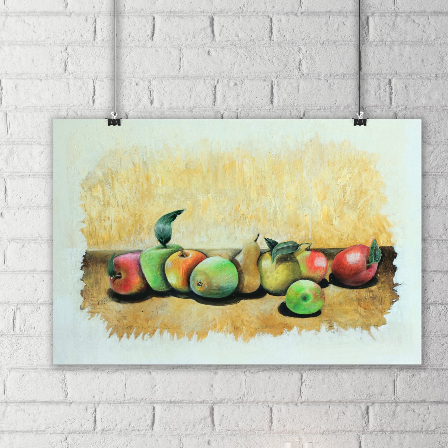 Fruits are arranged in a harmonious composition on the table. Painting in warm colors. With artistic brush strokes. Suitable for any home. Can be integrated into a dining room, kitchen, bedroom and living room