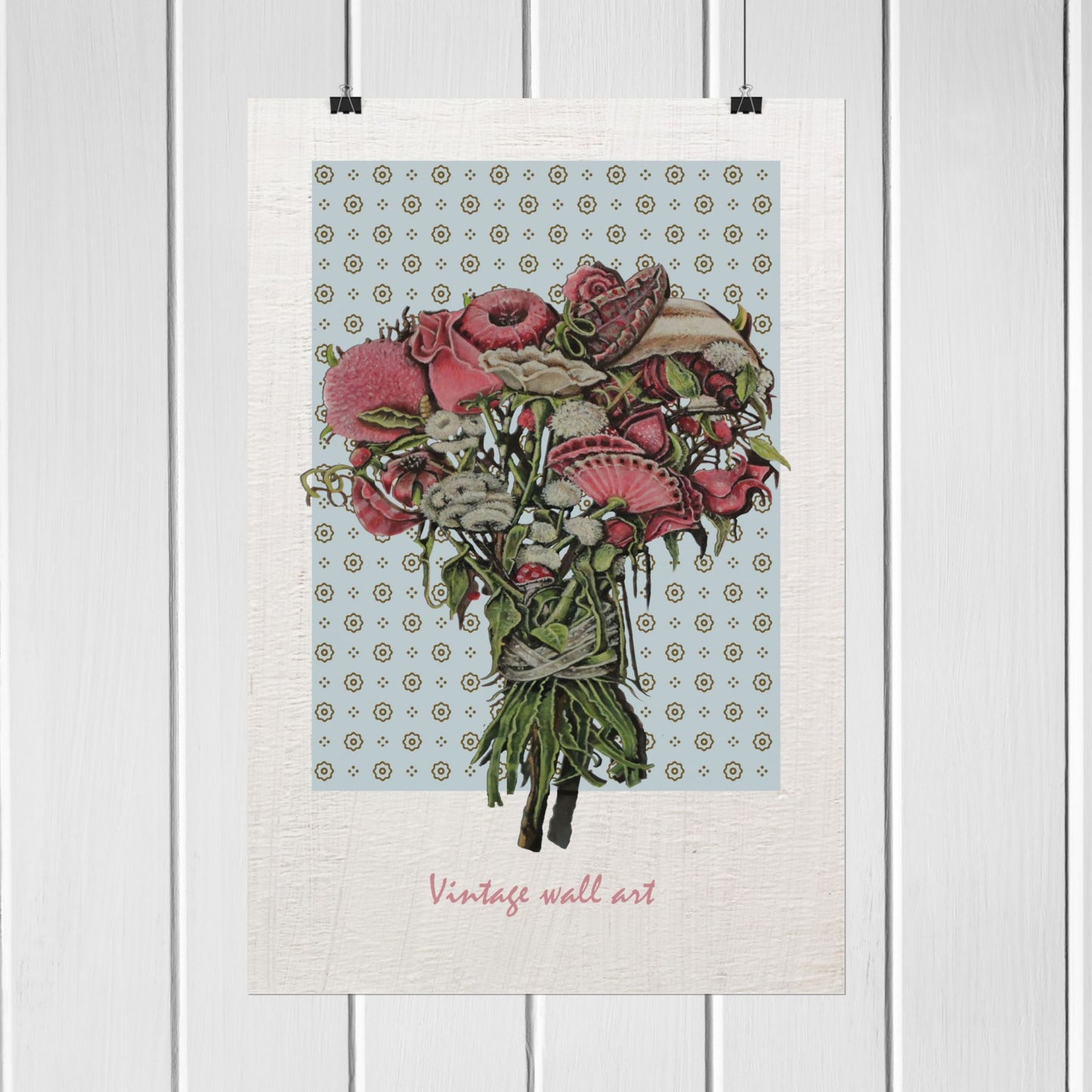 Elevate your space with this beautiful vertical poster featuring a realistically drawn bouquet of pink flowers, set against a light blue wallpaper adorned with delicate floral patterns. Perfect for adding a touch of elegance, this unframed poster is an ideal decoration for a girl's room. Its soft colors and intricate details will inspire a serene and charming atmosphere. Transform your decor effortlessly with this stunning piece that combines artistry and sophistication, making it a must-have for any stylis