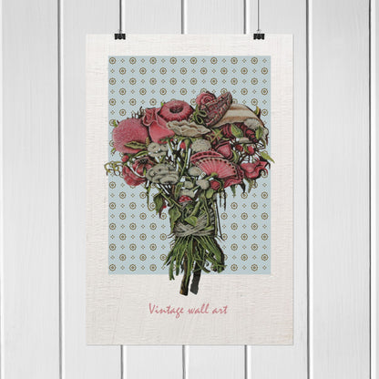 Elevate your space with this beautiful vertical poster featuring a realistically drawn bouquet of pink flowers, set against a light blue wallpaper adorned with delicate floral patterns. Perfect for adding a touch of elegance, this unframed poster is an ideal decoration for a girl's room. Its soft colors and intricate details will inspire a serene and charming atmosphere. Transform your decor effortlessly with this stunning piece that combines artistry and sophistication, making it a must-have for any stylis