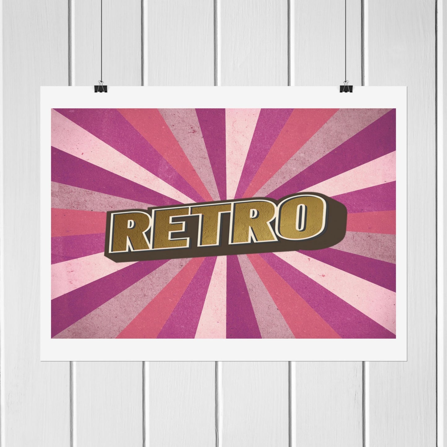 Elevate your space with this stunning poster featuring the word 'retro' in shimmering gold at the center, beautifully framed by vibrant purple and pink lines. Perfect for creating a vintage atmosphere, this artwork is an ideal addition to any college room. Its eye-catching design not only enhances your decor but also sparks creativity and nostalgia. Stick it on your wall to bring a touch of retro charm and make a statement in your living area or study. Transform your environment with this unique piece!