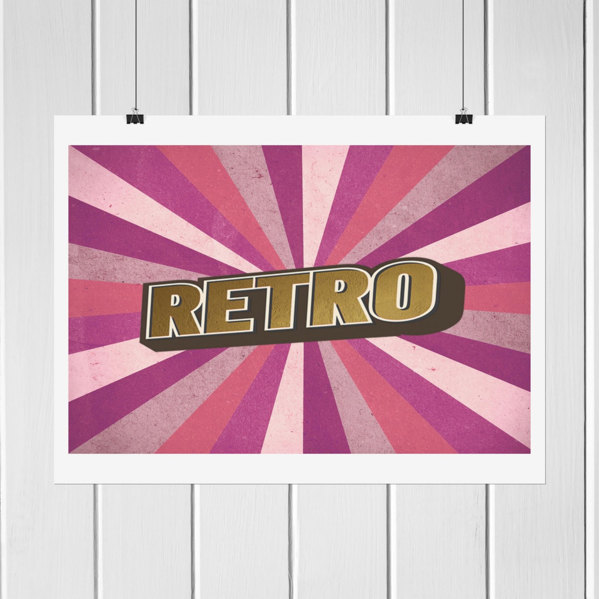 Elevate your space with this stunning poster featuring the word 'retro' in shimmering gold at the center, beautifully framed by vibrant purple and pink lines. Perfect for creating a vintage atmosphere, this artwork is an ideal addition to any college room. Its eye-catching design not only enhances your decor but also sparks creativity and nostalgia. Stick it on your wall to bring a touch of retro charm and make a statement in your living area or study. Transform your environment with this unique piece!