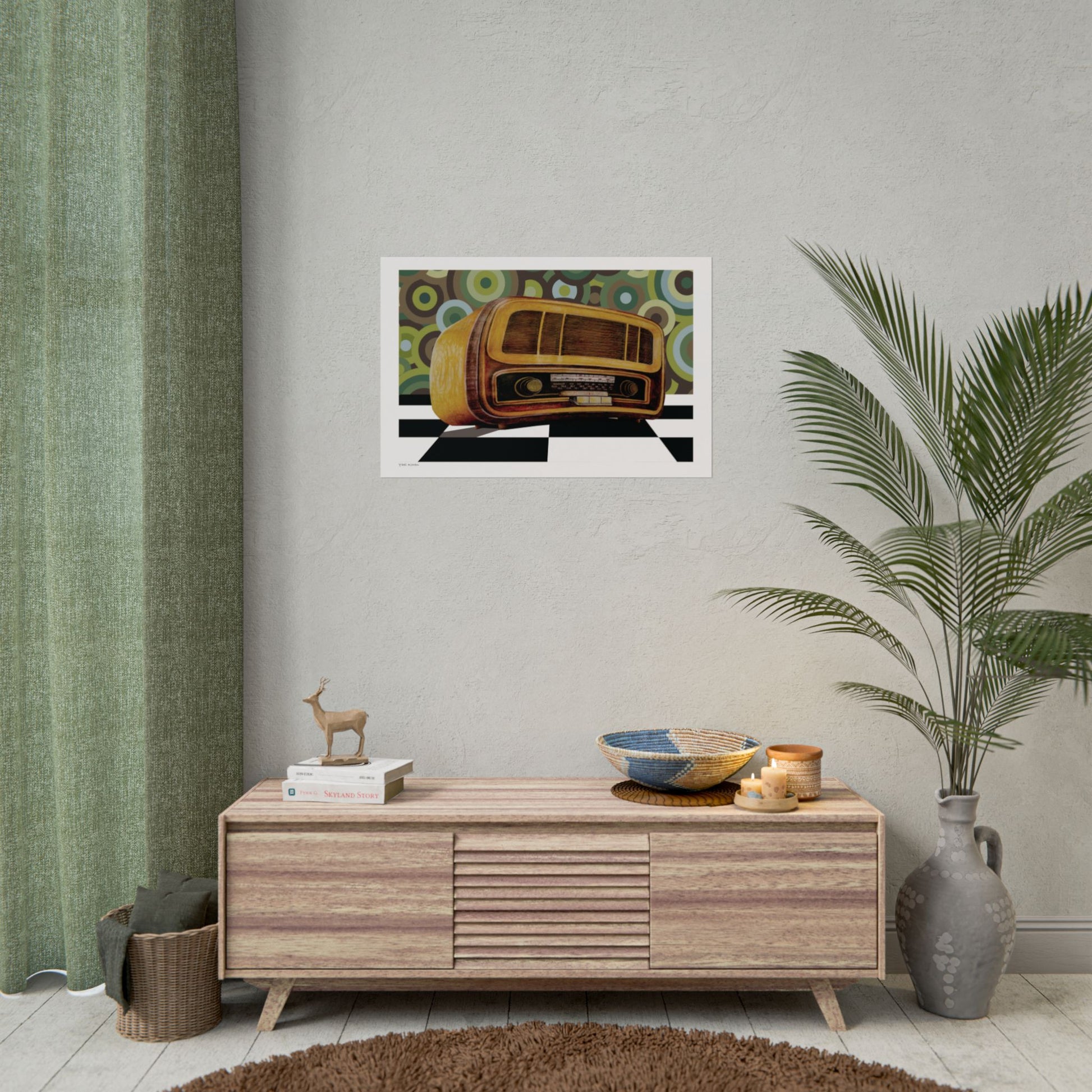 Transform your space with this stunning retro-style poster featuring a realistic painting of an old radio. Set against a striking black and white checkered floor and adorned with circular wallpaper reminiscent of the 1960s, this artwork is perfect for adding character to a student apartment or enhancing your living room decor. Capture the essence of nostalgia and style with this unique piece that effortlessly ties together vintage vibes and modern aesthetics. Elevate your home with a touch of history today!
