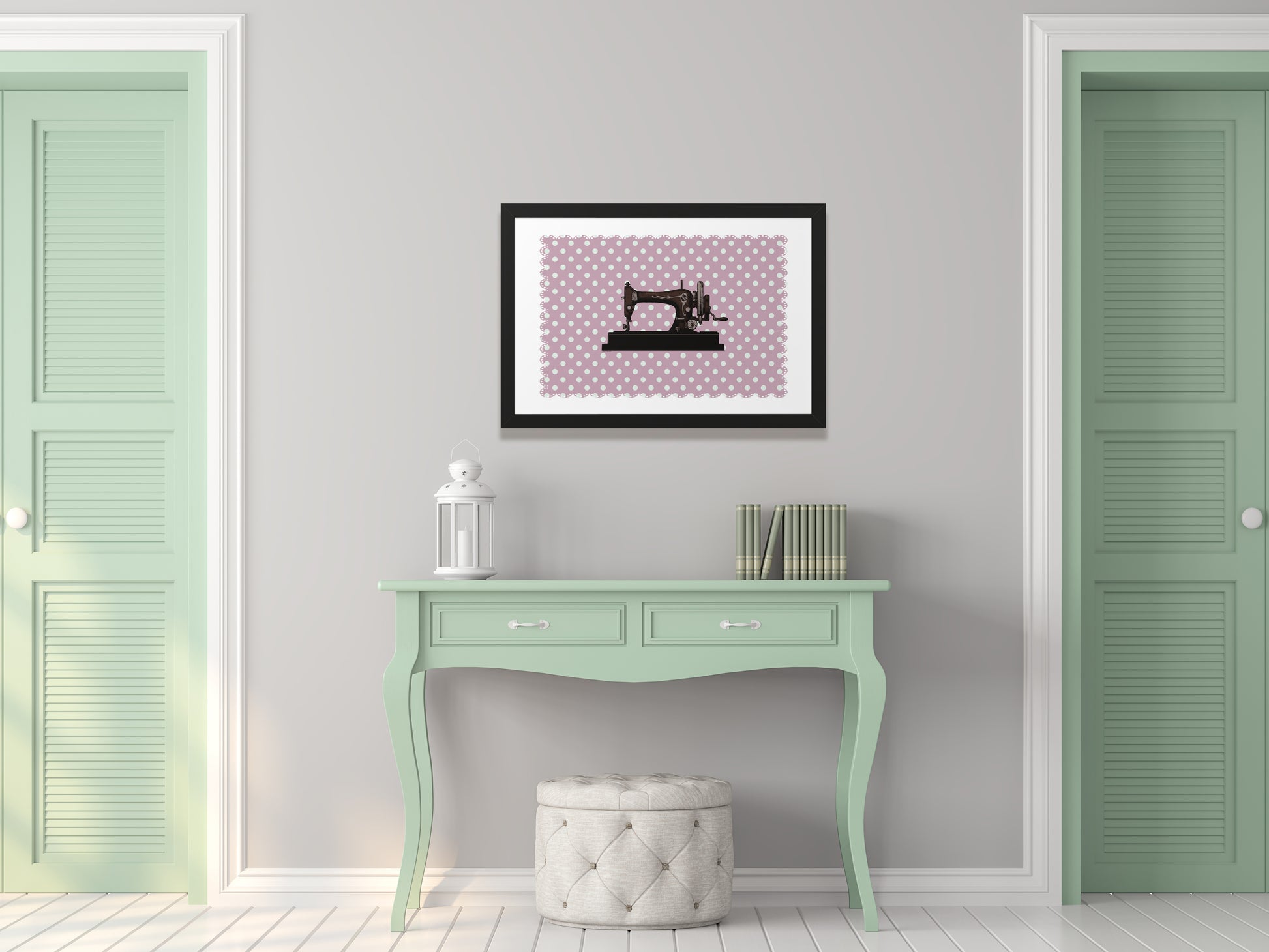 A picture of a sewing machine on an antique pink background. Can be hung in a turquoise room. Create a contrast. A painting that suits every room. Suitable for creative lovers