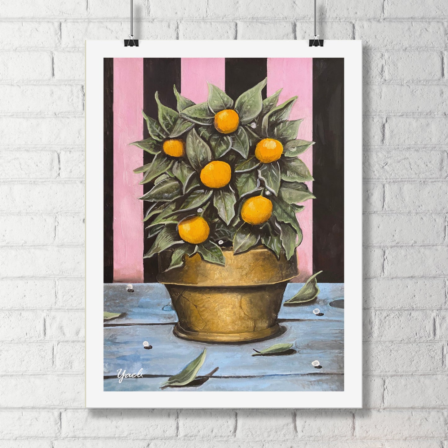 Oil painting of a pot of oranges. The painting blooms with strong and rich colors. You can see a variety of textures in the painting. The painting ranges from classic to modern. Also beautiful as a hanging poster without a frame