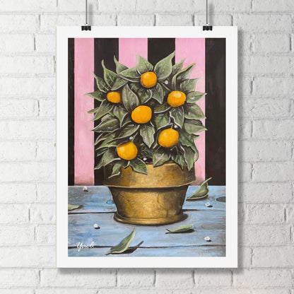 Oil painting of a pot of oranges. The painting blooms with strong and rich colors. You can see a variety of textures in the painting. The painting ranges from classic to modern. Also beautiful as a hanging poster without a frame