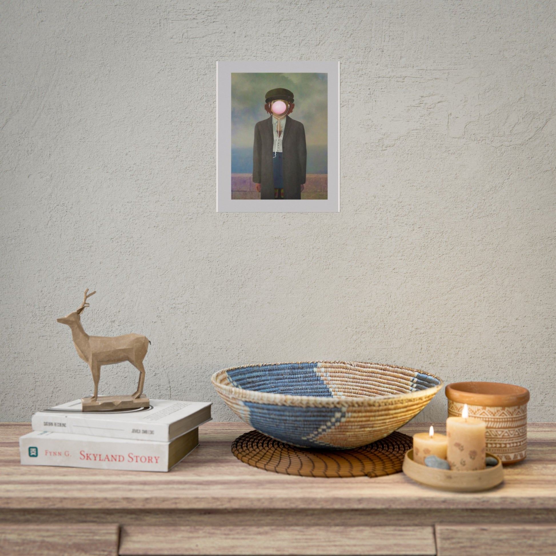 Poster inspired by René Magritte and his work "Son of Man" in a youthful and modern version. Suitable for a house designed in retro style. A small picture that will beautify every corner of the house and add culture and sophistication