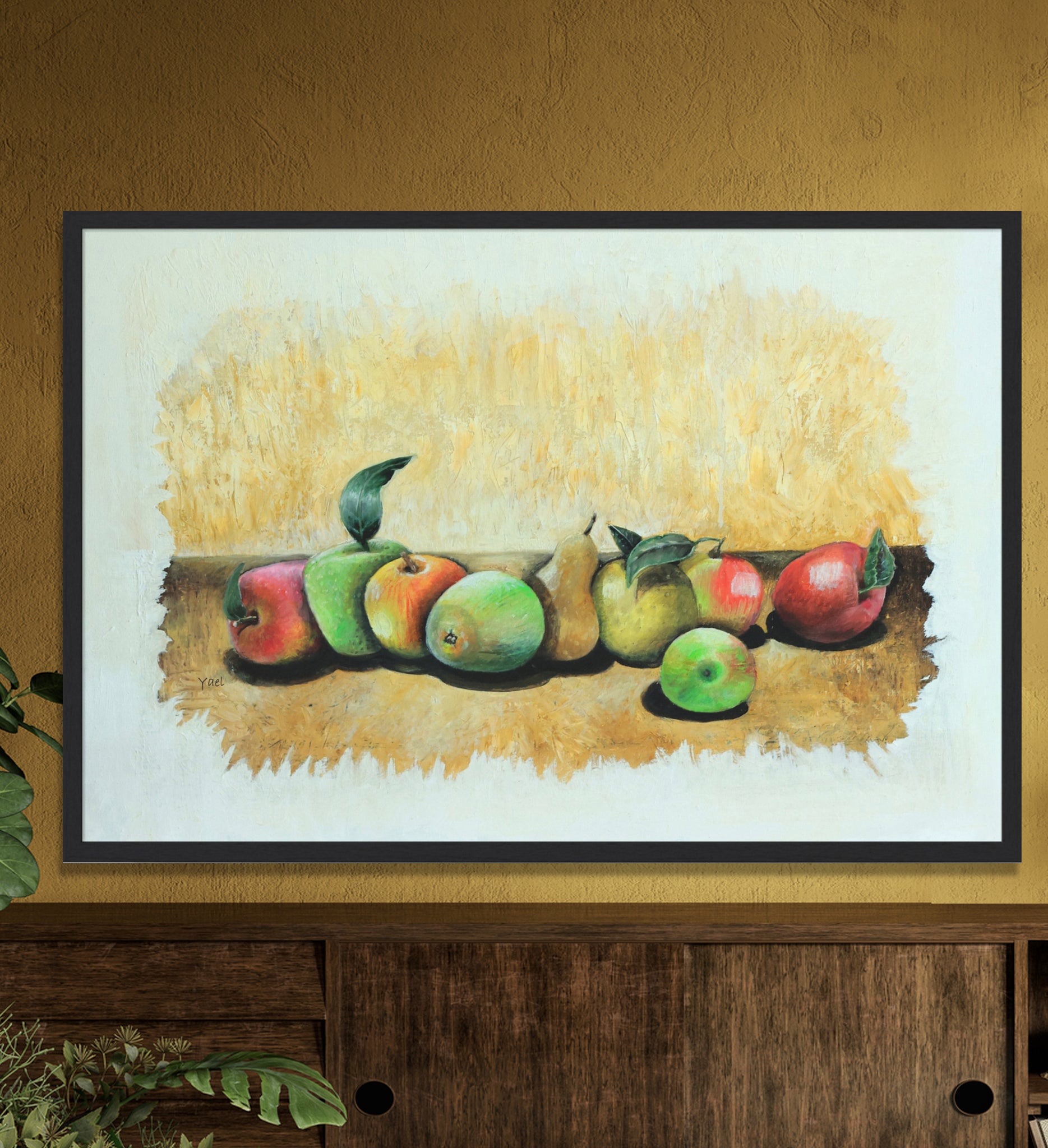 Fruits are elegantly scattered on a table. Painting in warm colors. With artistic brushstrokes. Suitable for any home. Can fit well on a mustard-colored wall