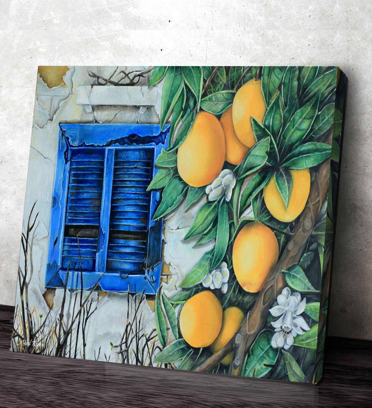 Rustic Blue Window and Oranges Oil Painting Print