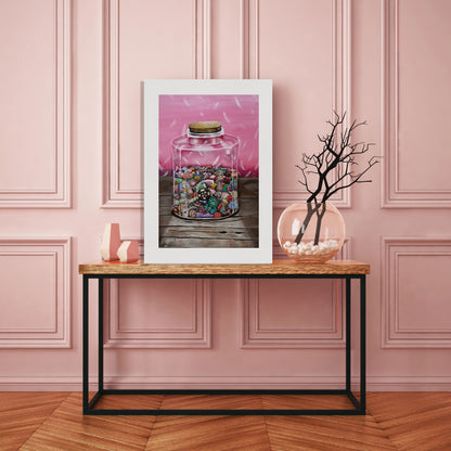 Add a touch of sweetness to your decor with this charming oil painting in pink tones! Featuring a delightful jar filled with chocolates and candies, this piece showcases a whimsical jelly candy shaped like a bear nestled among the treats. Perfect for a vintage-style pink room, it brings an element of kitsch and nostalgia that enhances any space. Elevate your home with this unique artwork that radiates warmth and charm—ideal for candy lovers and collectors alike!