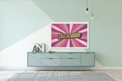 A poster with the word 'retro' in gold in the center, surrounded by lines in purple and pink tones. Especially suitable for lovers of boldness and the contrasting design can be combined in a turquoise living room