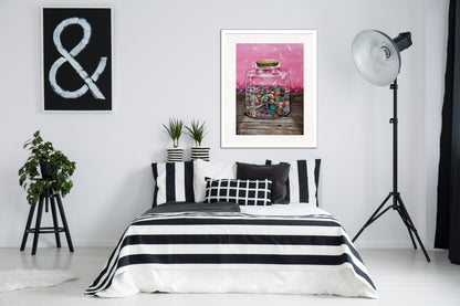 A charming oil painting in pink tones, which includes a jar full of chocolates and candies and among them a jelly candy in the shape of a bear sandwiched between the candies.  Suitable for a young girls room will add color to any space