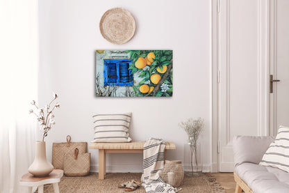 Rustic Blue Window and Oranges Oil Painting Print