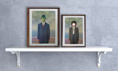 Elevate your home decor with this vibrant poster inspired by René Magritte's iconic work, Son of Man, reimagined in a youthful and modern style. Perfect for retro-designed homes, this art piece adds a touch of whimsy and sophistication to any room. Its compact size makes it an ideal accent for shelves, transforming your space into a captivating gallery. Bring a unique blend of classic artistry and contemporary flair into your life with this stunning artwork that beautifies every nook. Ideal for art lovers a