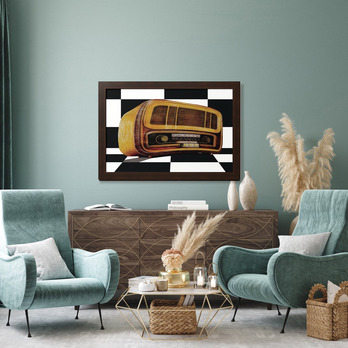 An impressive drawing of an antique radio in the style of the 1970s     
 Walnut frame above brown retro sideboard. In a luxurious turquoise living room with turquoise single sofas and straw accessories