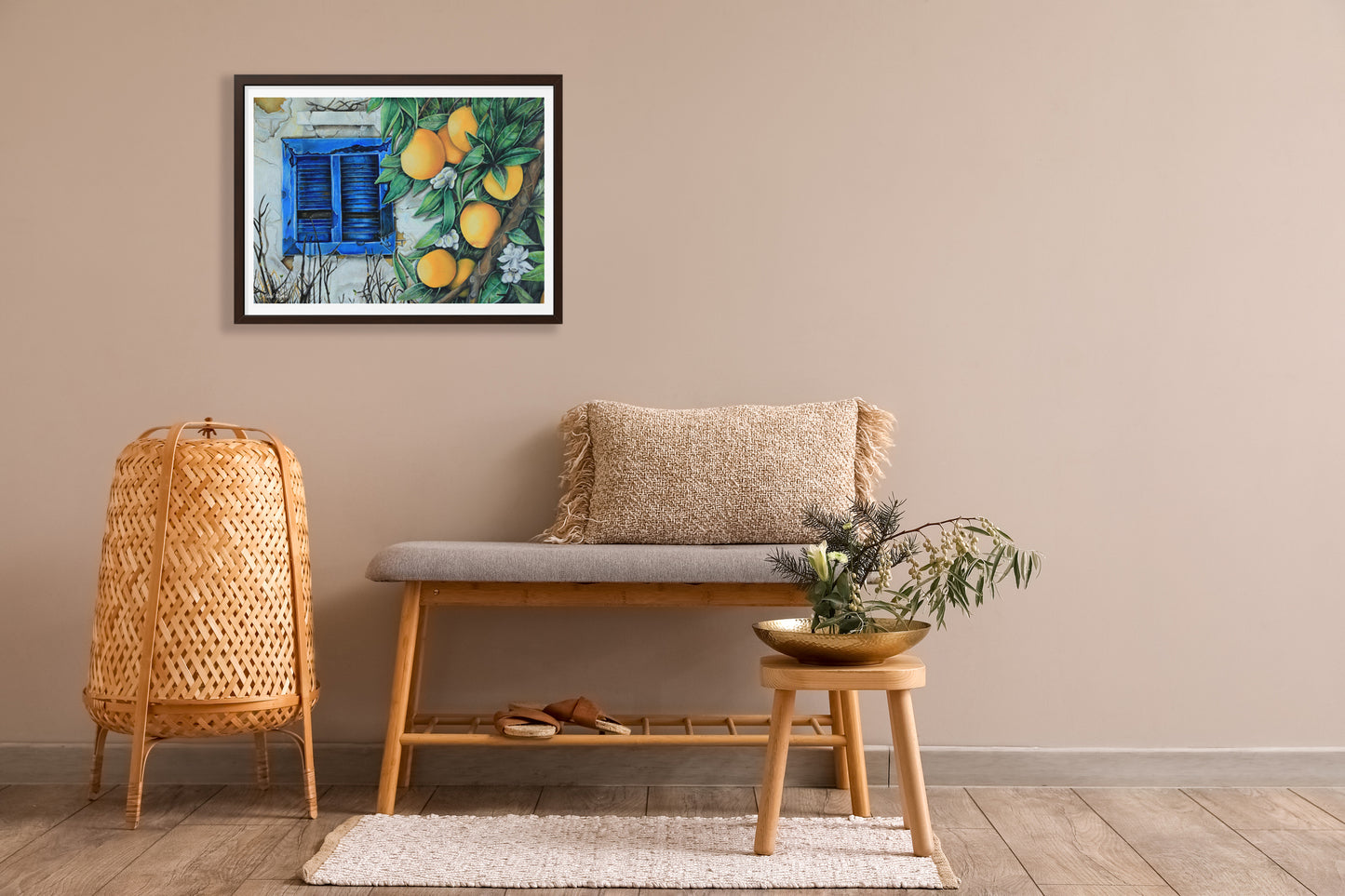 The poster of the blossoming orange branch, in the background of the old house, will add beauty, emotion, and authenticity to any place. It is also perfectly suitable as a painting for an exterior wall of a house