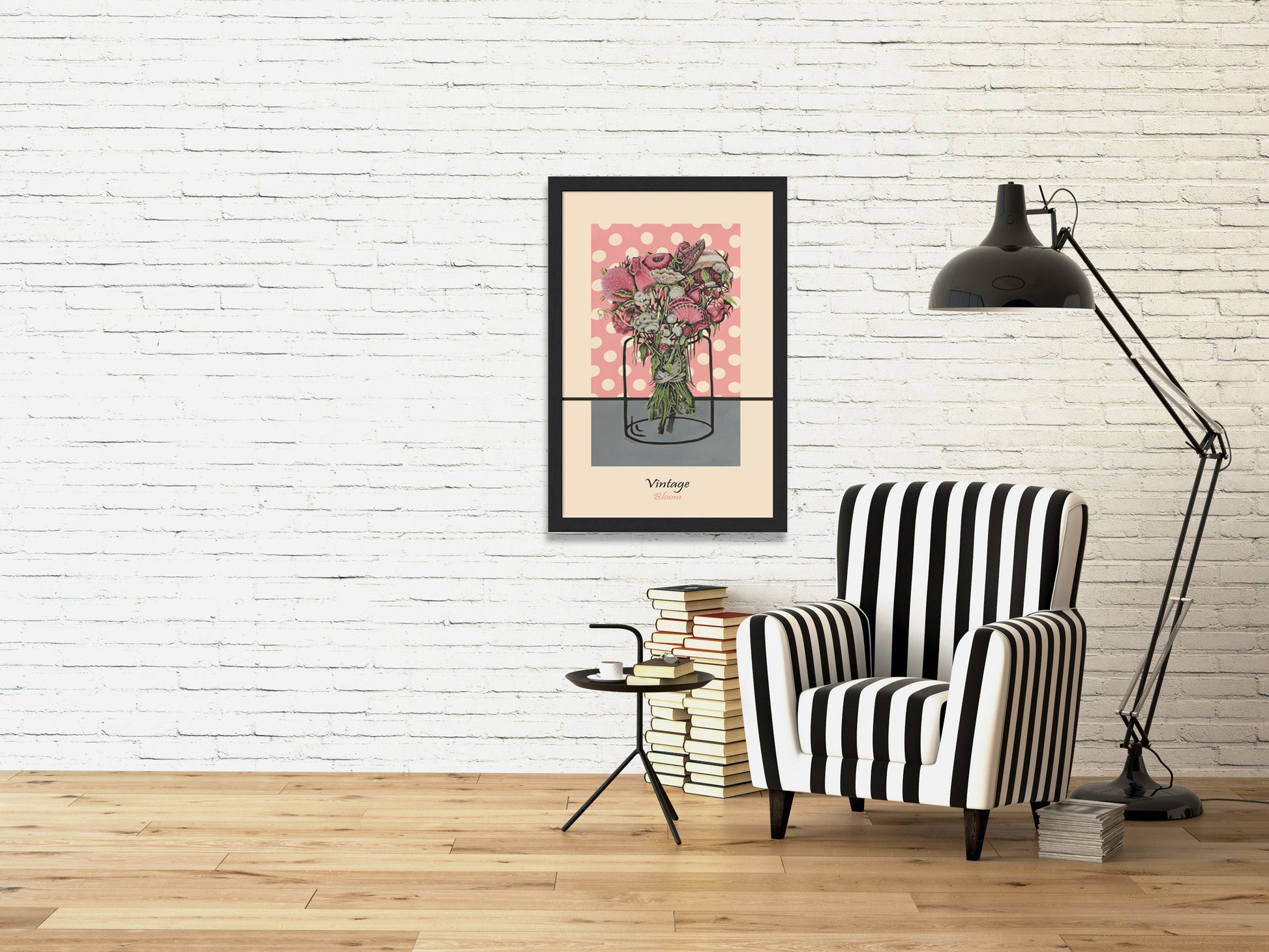 The charming poster of a pink bouquet of flowers with a small mushroom tied with a silk ribbon is the perfect painting for any corner. Can add to the room in shades of black and white a spot of pink   color