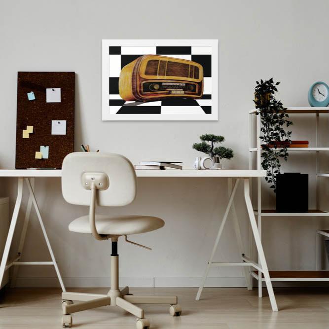 An impressive drawing of an antique radio in the style of the 1970s     
 A white frame in a white metal study room. Retro design. With a cork board, and a white swivel chair